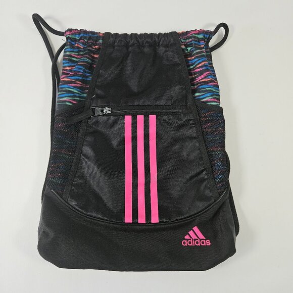 adidas Handbags - Adidas Drawstring Athletic Gym Bag Pink Black 3 Stripes Zippered Pouch